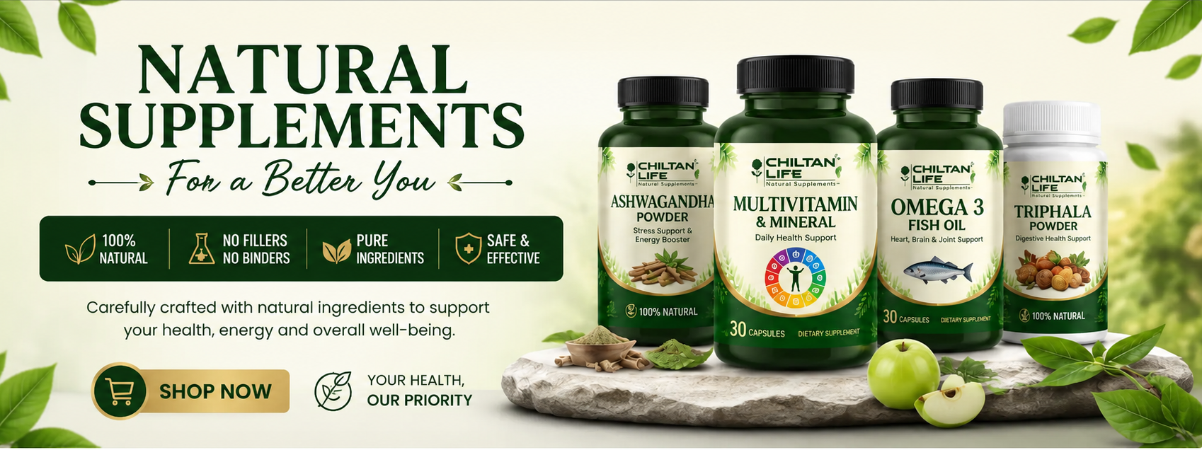 A promotional banner for Chaitan Life natural supplements, featuring four bottles of dietary powders and oils lined up on a stone slab with green apples and leaves. The products include Ashwagandha Powder, Multivitamin & Mineral, Omega 3 Fish Oil, and Triphala Powder.